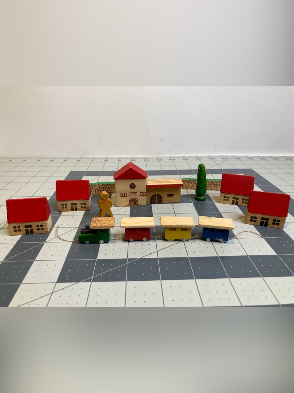 Vintage Wood Block Village Houses Train Station Wooden German Putz Erzgebirge